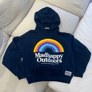 LIKE NEW MADHAPPY OUTDOORS HOODIE SWEATSHIRT SIZE SMALL NAVY BLUE SIDE POCKETS